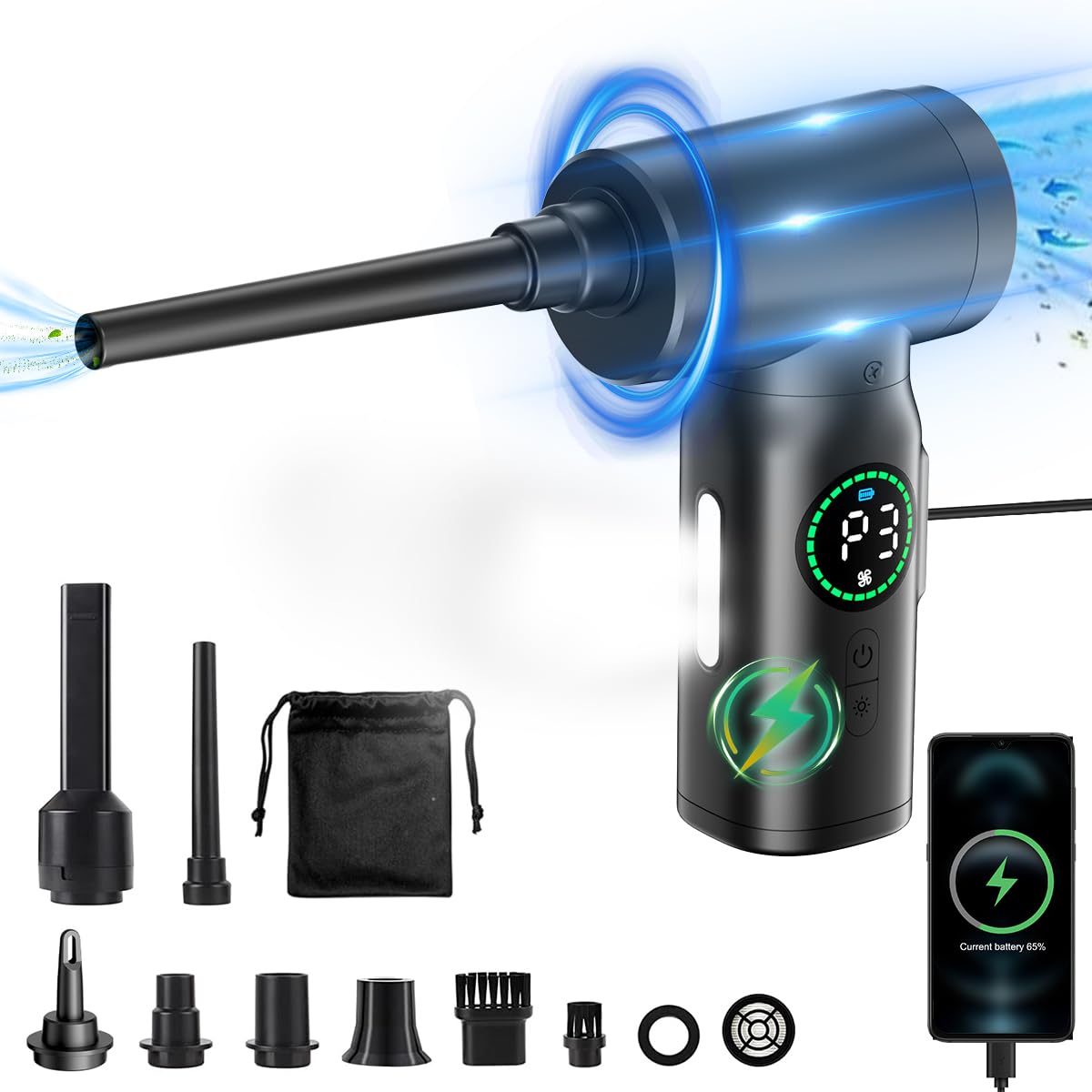 ZORBES Electric Dust Blower, Wireless Air Duster Car Vacuum Cleaner, 2 in 1 Electric Air Blower with LCD Digital Display, 120W USB Cordless Air Blower with LED and Interchangeable Nozzles for Home, Computer ZORBES Electric Dust Blower, Wireless Air Duster Car Vacuum Cleaner, 2 in 1 Electric Air Blower with LCD Digital Display, 120W USB Cordless Air Blower with LED and Interchangeable Nozzles for Home, Computer